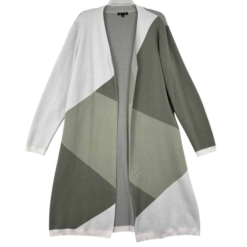 Lety & Me Open Cardign Sweater Size 1X Olive Green White Longline Duster